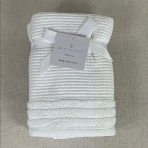 HOTEL BALFOUR Bath Hand Towels 100% Cotton White Textured SET OF 2 NEW